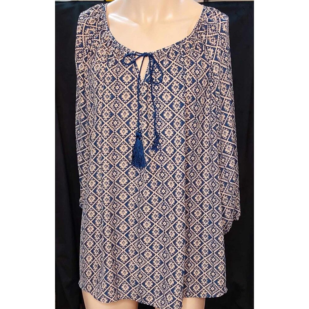 Sami & Jo Peasant Blouse - Navy & Tan - Size 2X